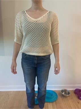 Cream Open-Weave V-Neck Sweater